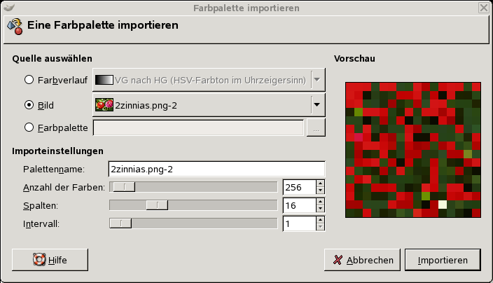 Das Dialogfenster Farbpalette importieren